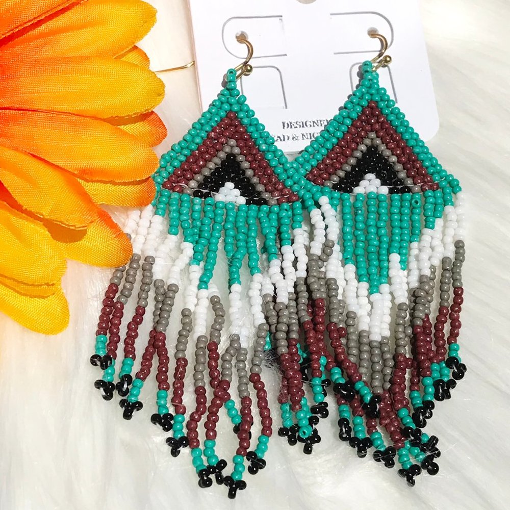 Boho Earrings Tassel Seed Bead Dangles Turquoise